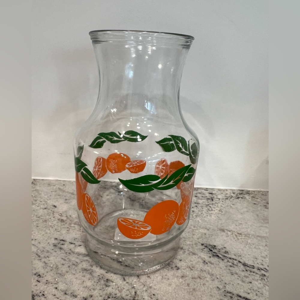 Vtg Anchor Hocking orange juice carafe Glass with Oranges and Green Design